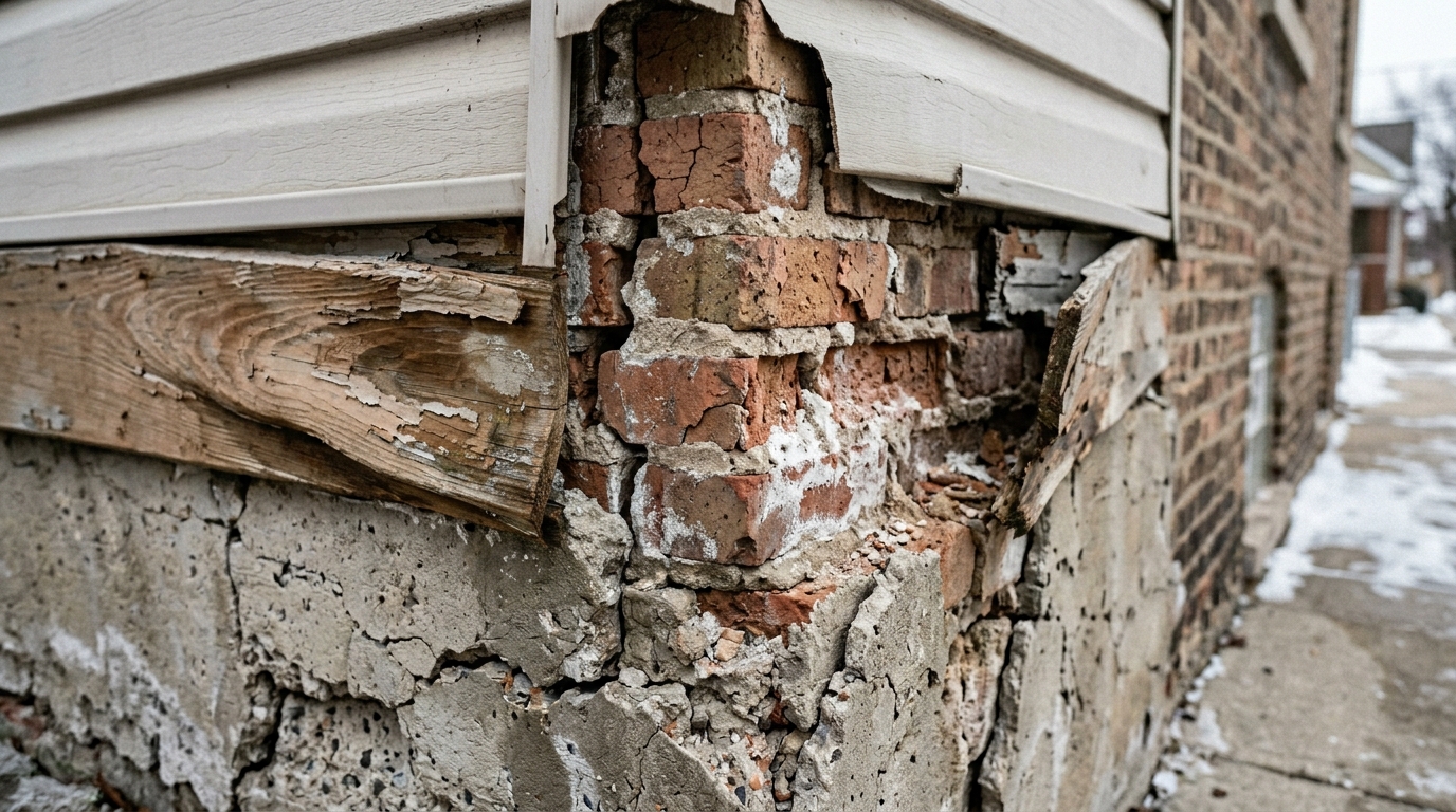 Concrete driveway and wood siding showing freeze-thaw damage and weather deterioration from Chicago winters