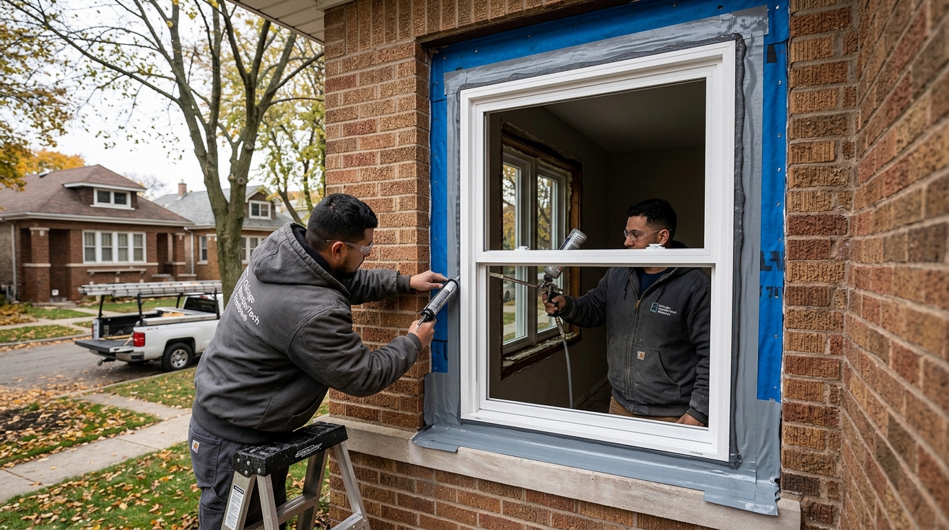 Professional window installation showing proper flashing, weatherproofing, and air-tight sealing for Chicago weather