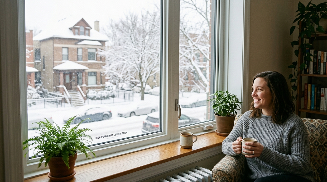 Modern replacement window showing clear operation and no frost or condensation during Chicago winter conditions