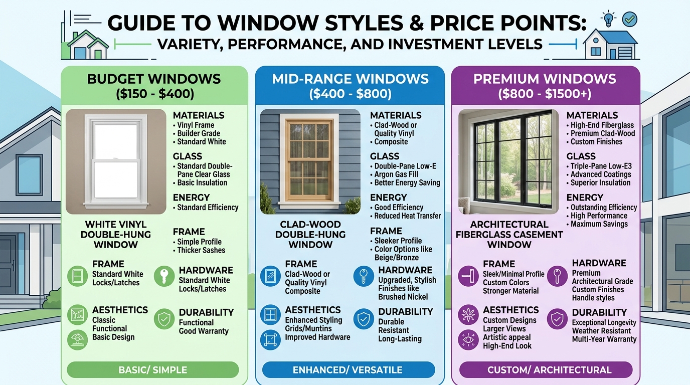 Display of window replacement options showing budget, mid-range, and premium window styles and pricing