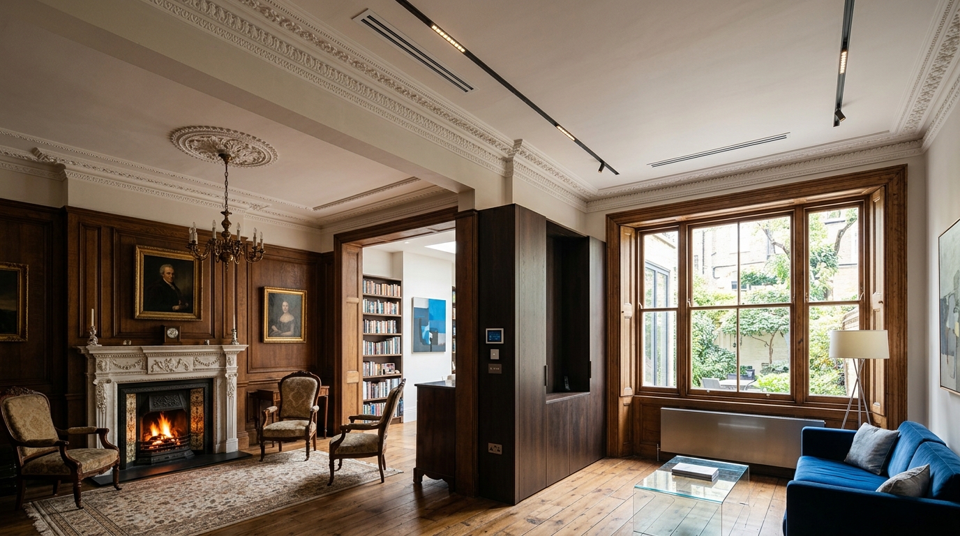 Historic interior with preserved original crown molding and architectural details alongside modern kitchen or bathroom renovation