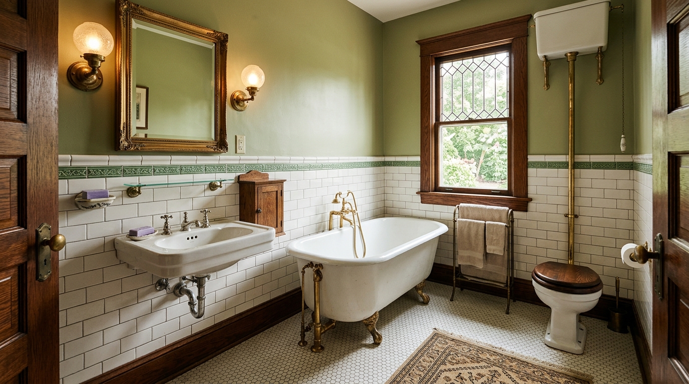 Historic master bathroom with original tile patterns, period hardware, and preserved architectural details intact