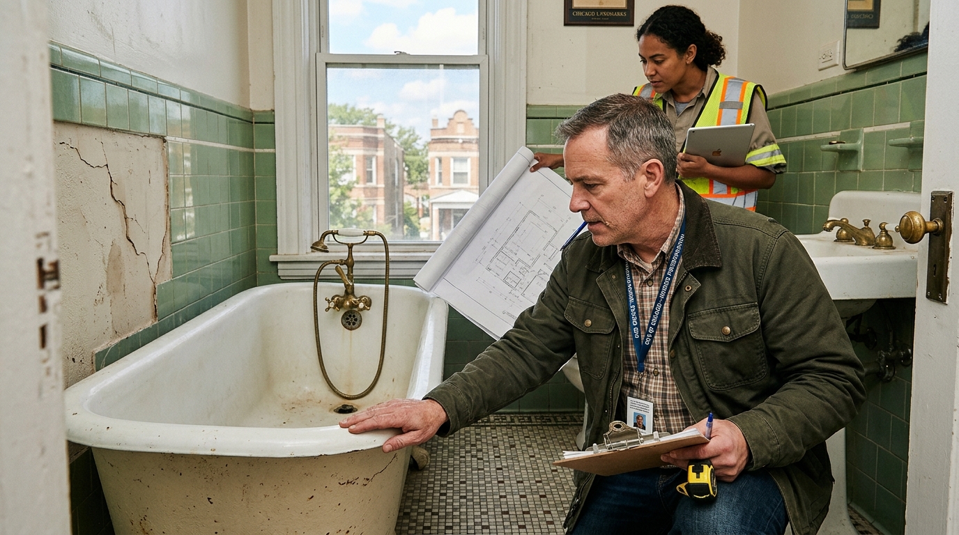 Preservation professional or contractor reviewing historic master bathroom plans for restoration respectful of original character