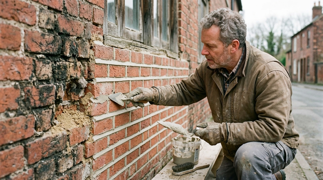 Mason performing tuckpointing and mortar repair on historic brick masonry during preservation renovation