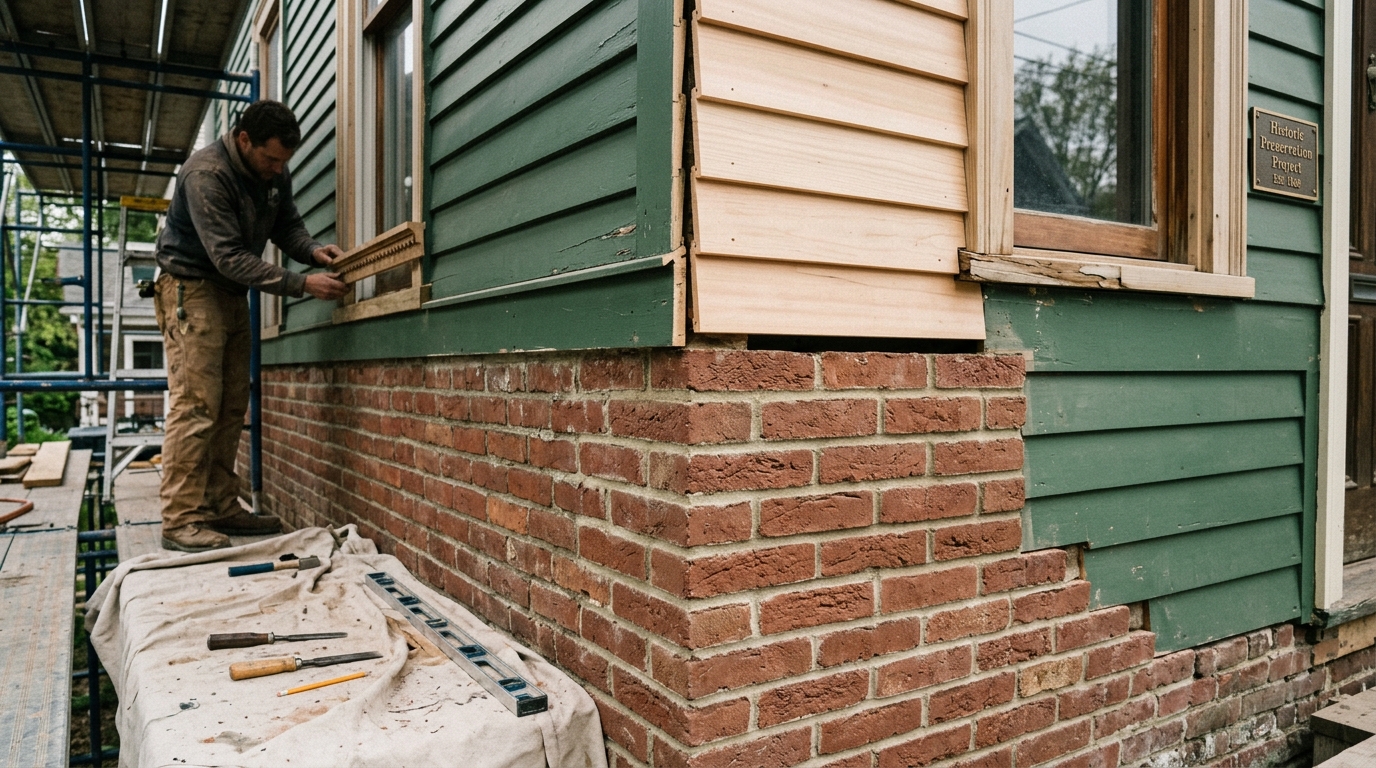 Historic siding repair showing carefully matched brick and mortar blending seamlessly with original Chicago landmark details