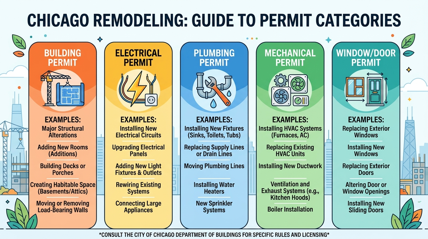 Categories of Chicago building permits required for different types of renovation work and trades