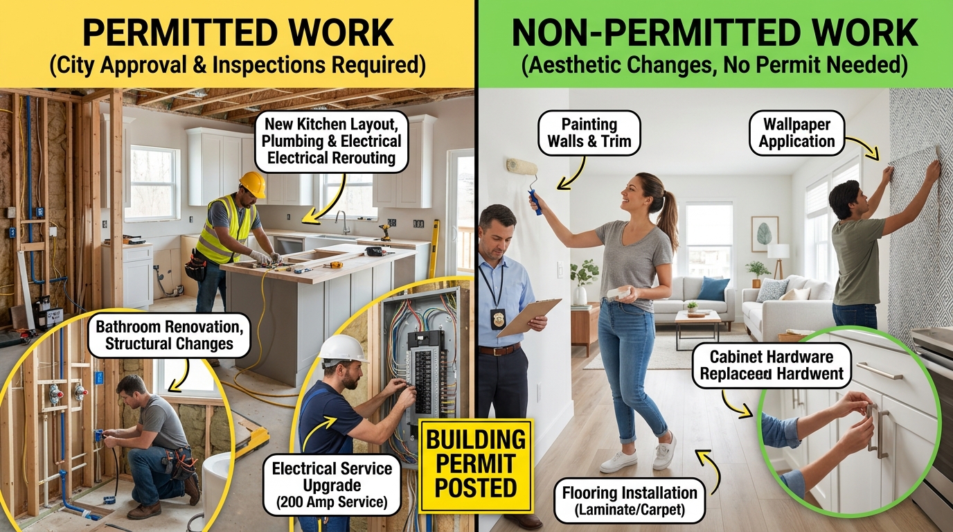 Comparison showing permitted renovation work like kitchen remodeling versus non-permitted cosmetic updates like painting
