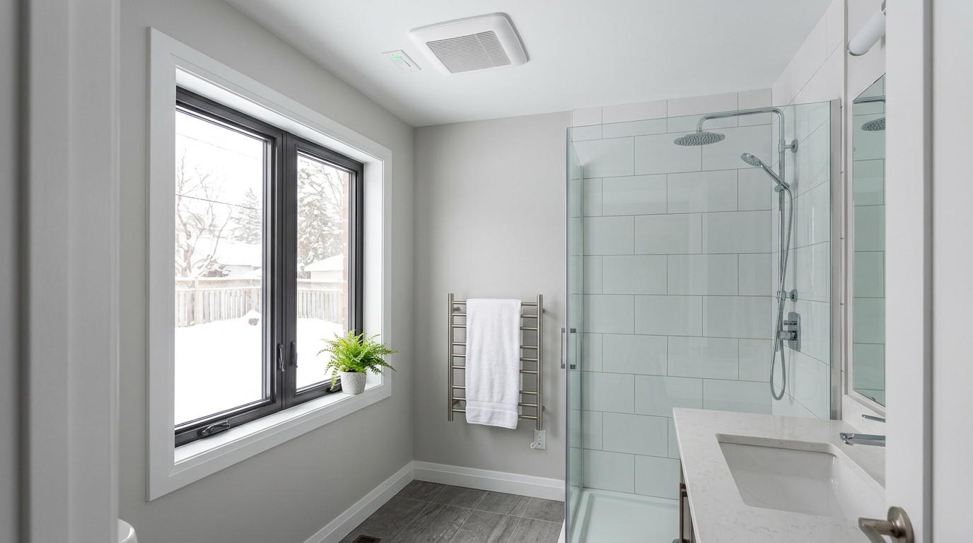 Bathroom with high-capacity exhaust ventilation system managing moisture from warm showers during Chicago winters