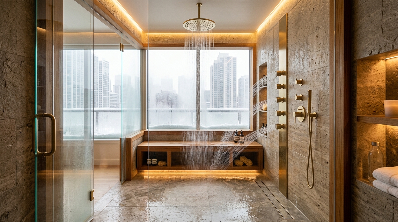 Luxury walk-in shower with rainfall showerhead, body jets, and heated floor for resort-style bathing in Chicago