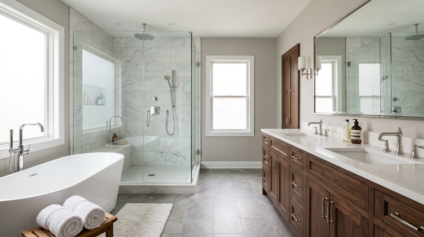 Comparison of three master bathroom renovation levels from functional updates to luxury spa-style finish