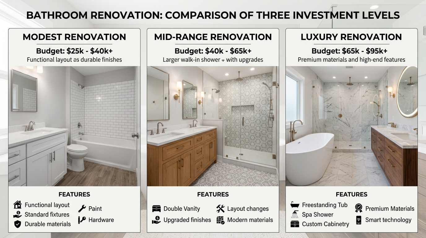 High-quality walk-in shower with rainfall showerhead, bench seating, and custom tile work representing good ROI