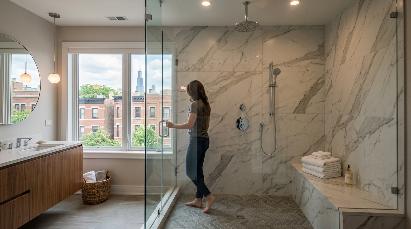 Master bathroom with quality exhaust ventilation system and moisture-resistant materials chosen for Chicago climate