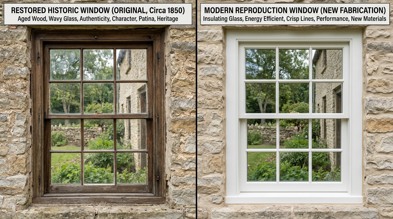 Comparison of restored historic window versus period-appropriate reproduction window showing preservation options