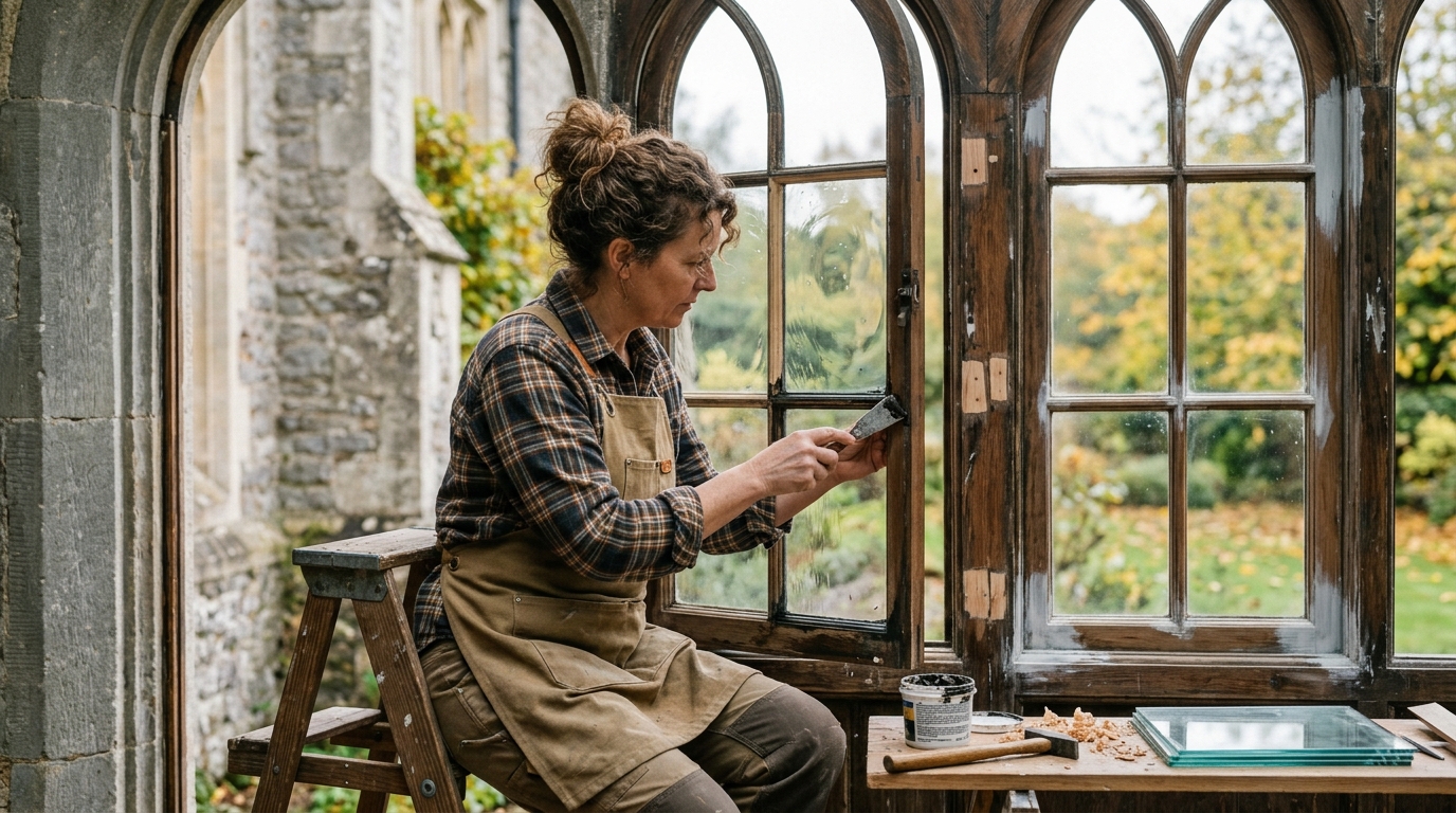 Historic window restoration showing craftsperson repairing frame and replacing glass while preserving original character