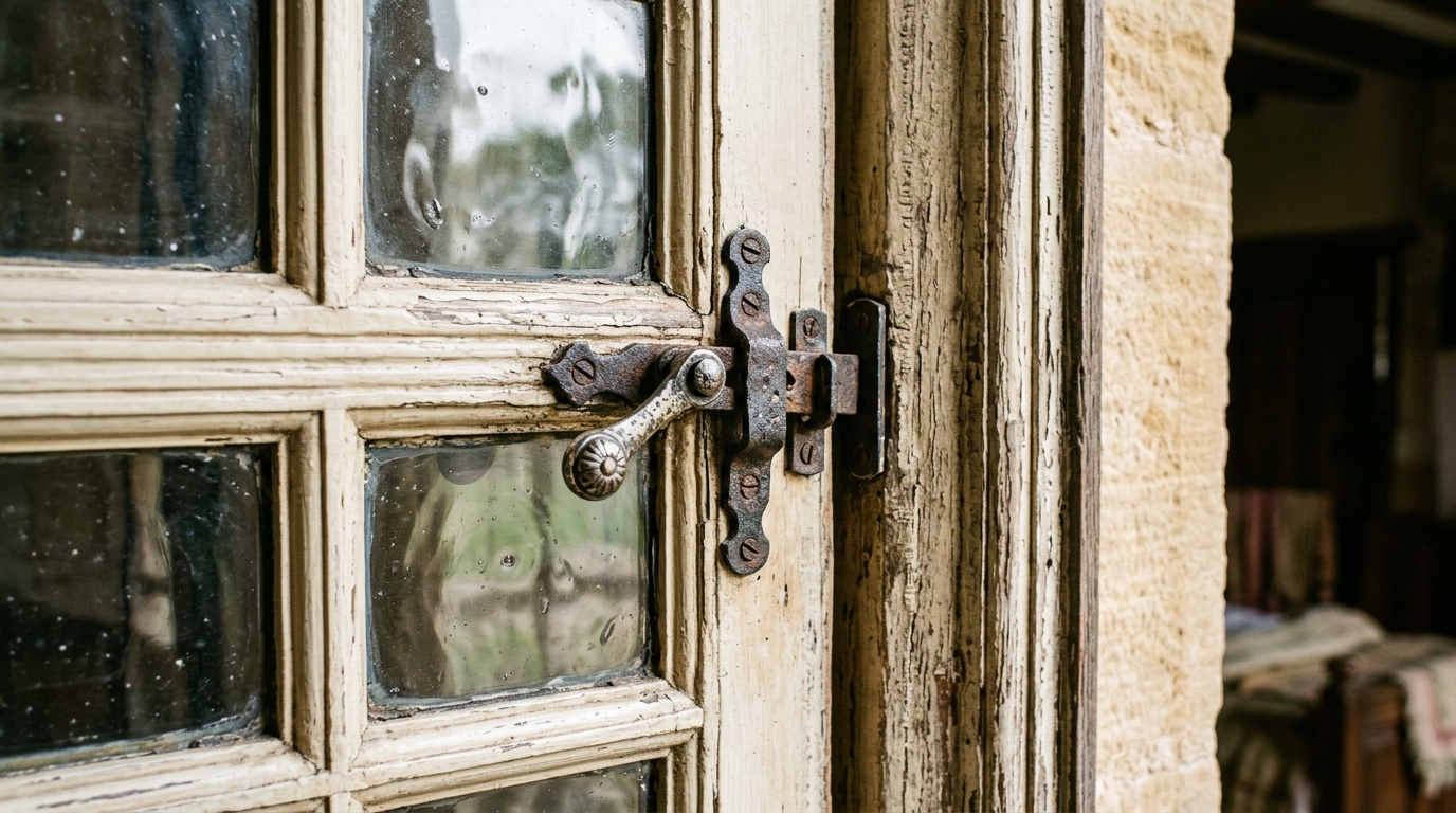 Historic window detail showing original muntin patterns, period frame materials, and architectural character