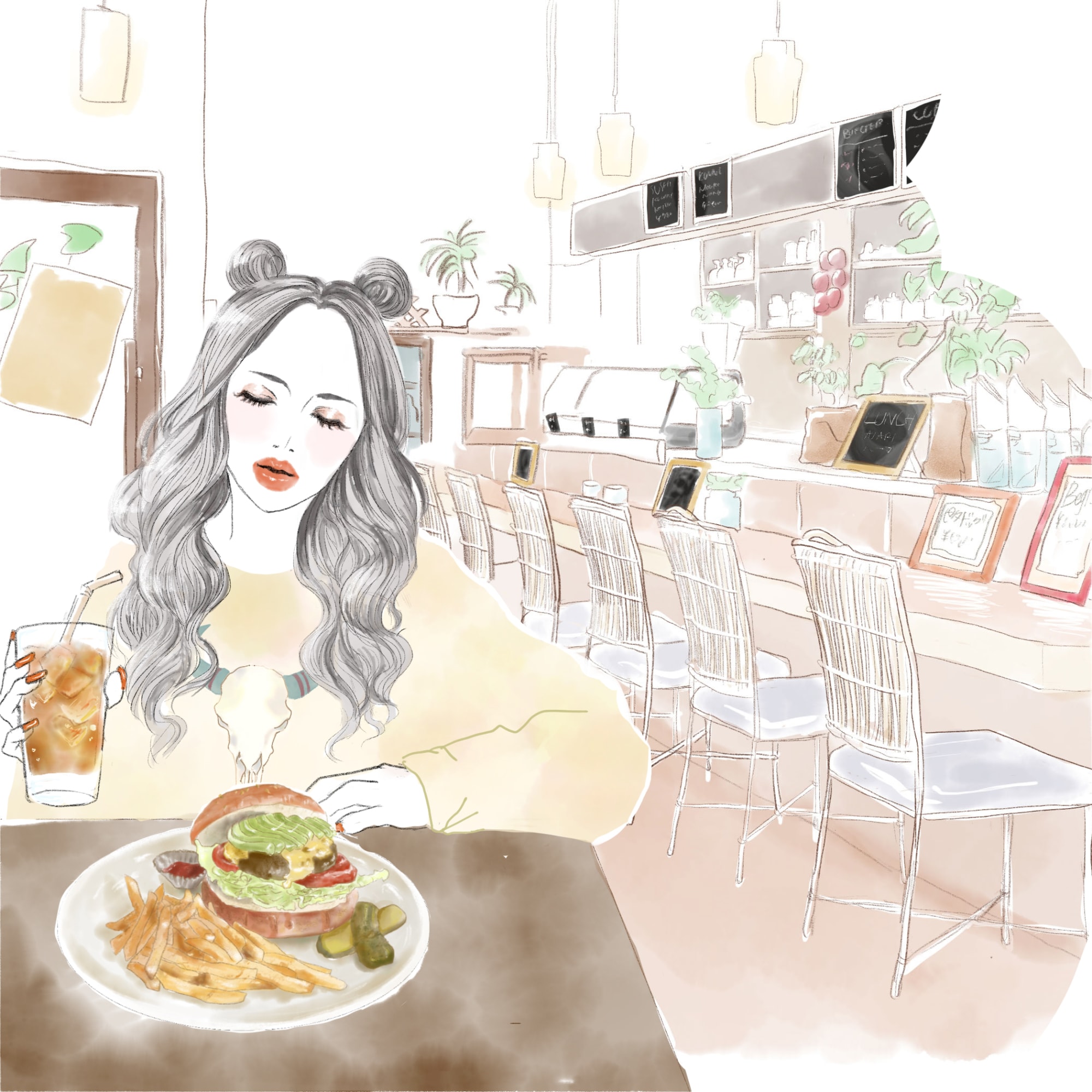 ハンバーガーをカフェで食べる女子 By Muutan Captors イラストレーターをサポートするイラストsns
