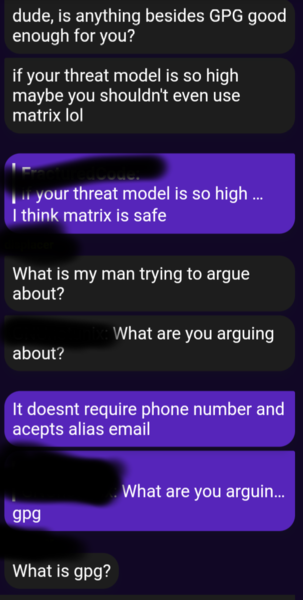 A: dude, is anything besides gpg safe enough for you? if your threat model is so high maybe you shouldn't even use
matrix lol. C: What is my man trying to argue
about? C: @X What are you arguing
about?
X: I think Matrix is safe. It does not require phone number and accepts alias email. 
X(in response to C): GPG
C: What is it?
X: Encryption tool
C: Okay so what about GPG?
X: It was about password managers. Why don't you read the chat log.
