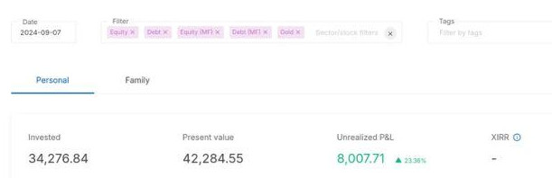 Zerodha console with invested: 34,276 and value: 42,284
