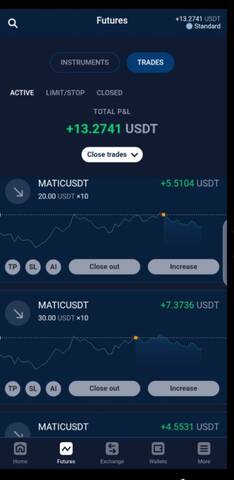 Stormgain screenshot with Matic USDT and $13 profit