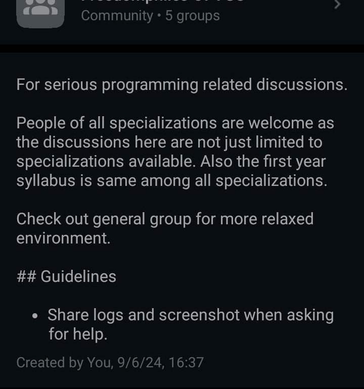 Screenshot of my community with 5 groups, showcasing my programmer's group