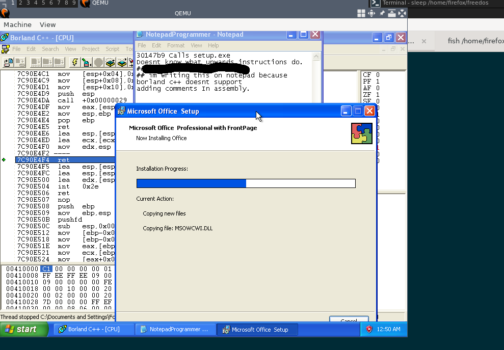 Screenshot of Borland Turbo C++ debugging half-progressed installation of Office 97 in Windows XP in Qemu. The window manager of host is Awesome WM. The notepad contents read: 30147b9 Calls setup.exe. Doesnt know what upwards instructions do. I am writing this on notepad because Borland C++ does not support adding comments in Assembly [sic].