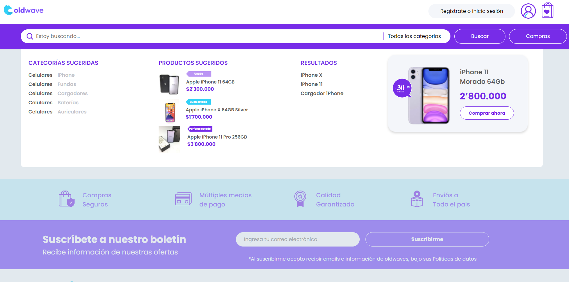 Página de inicio de Old Wave E-commerce