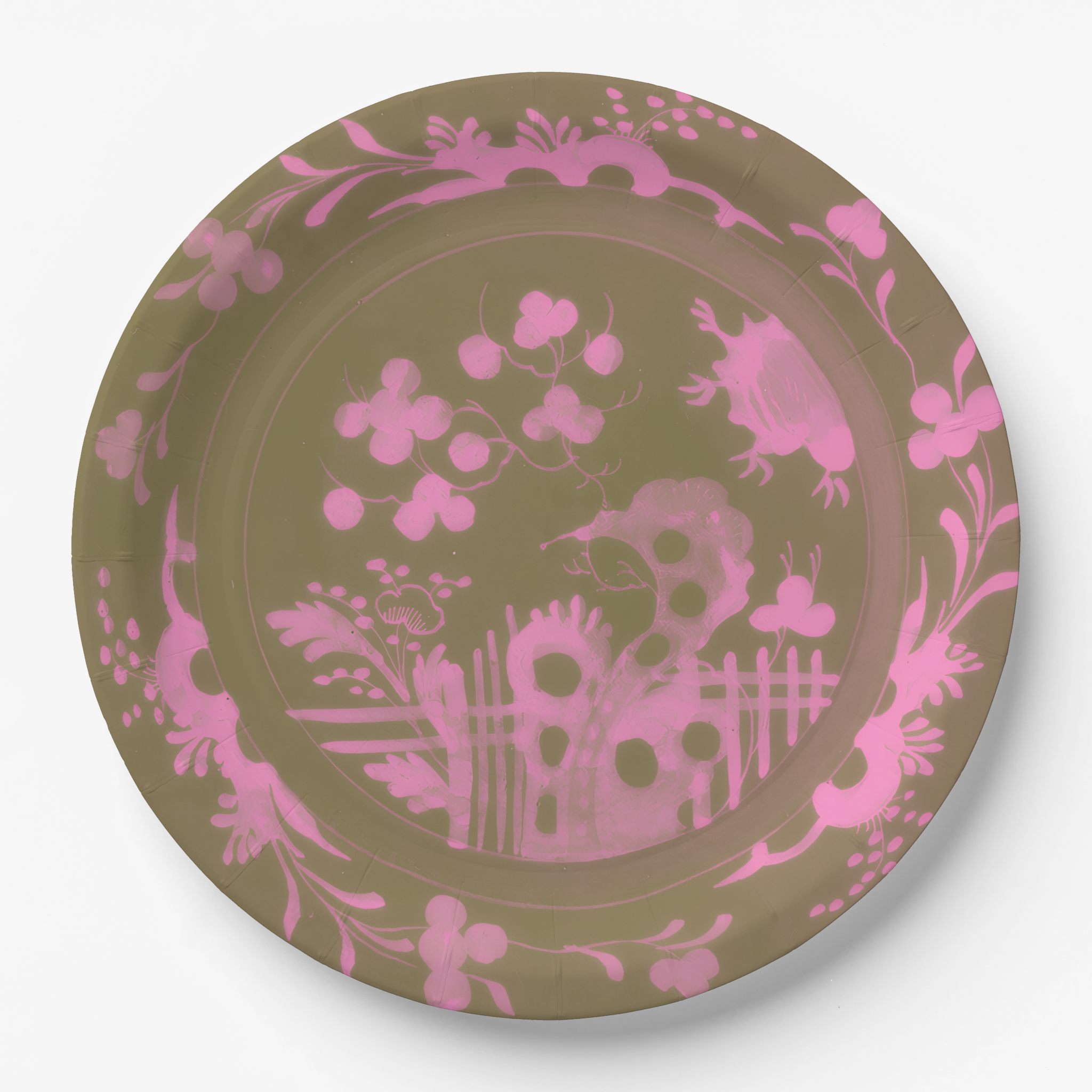 Chinoiserie garden-scene plate, pink colorway