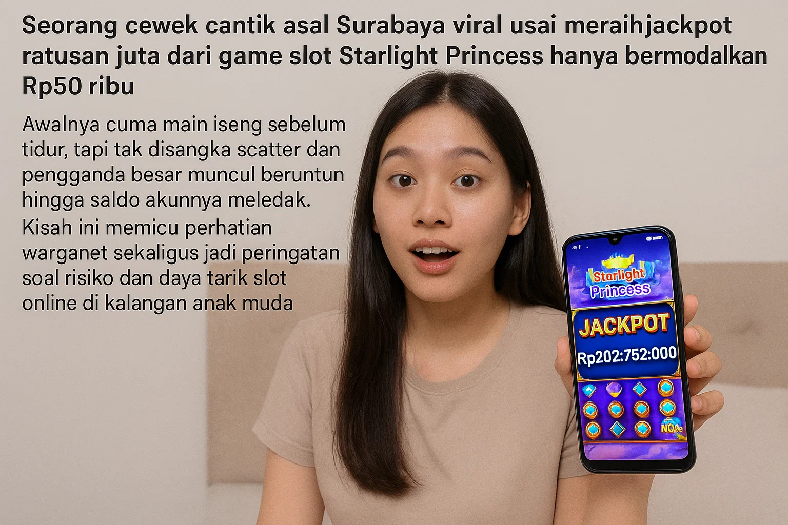 Cewek Cantik Asal Surabaya Menang Ratusan Juta dari Game Slot Starlight Princess, Modal Cuma Rp50 Ribu