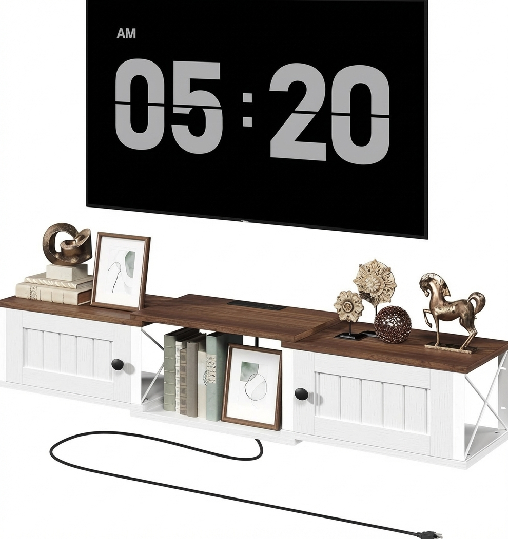 Floating Farmhouse TV Stand with Power Outlet, Wall-Mounted Media Console Cabinet with Doors and Storage, Greige