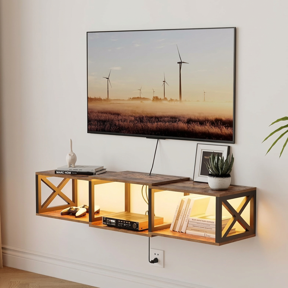Floating TV Stand with Power Outlets and LED Lights, Wall-Mounted Entertainment Console with Under TV Storage Shelf, Rustic Brown, 46 Inch