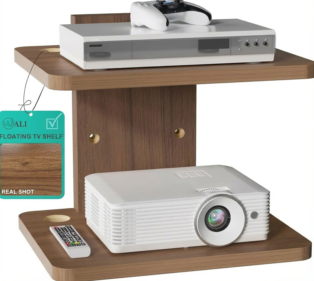 WALI Wall Mount Floating TV Shelf, 2 Tier Entertainment Shelf for Projector, DVD Players, Routers, Gaming Consoles and Cable Boxes, Walnut Brown, 22 lb Capacity
