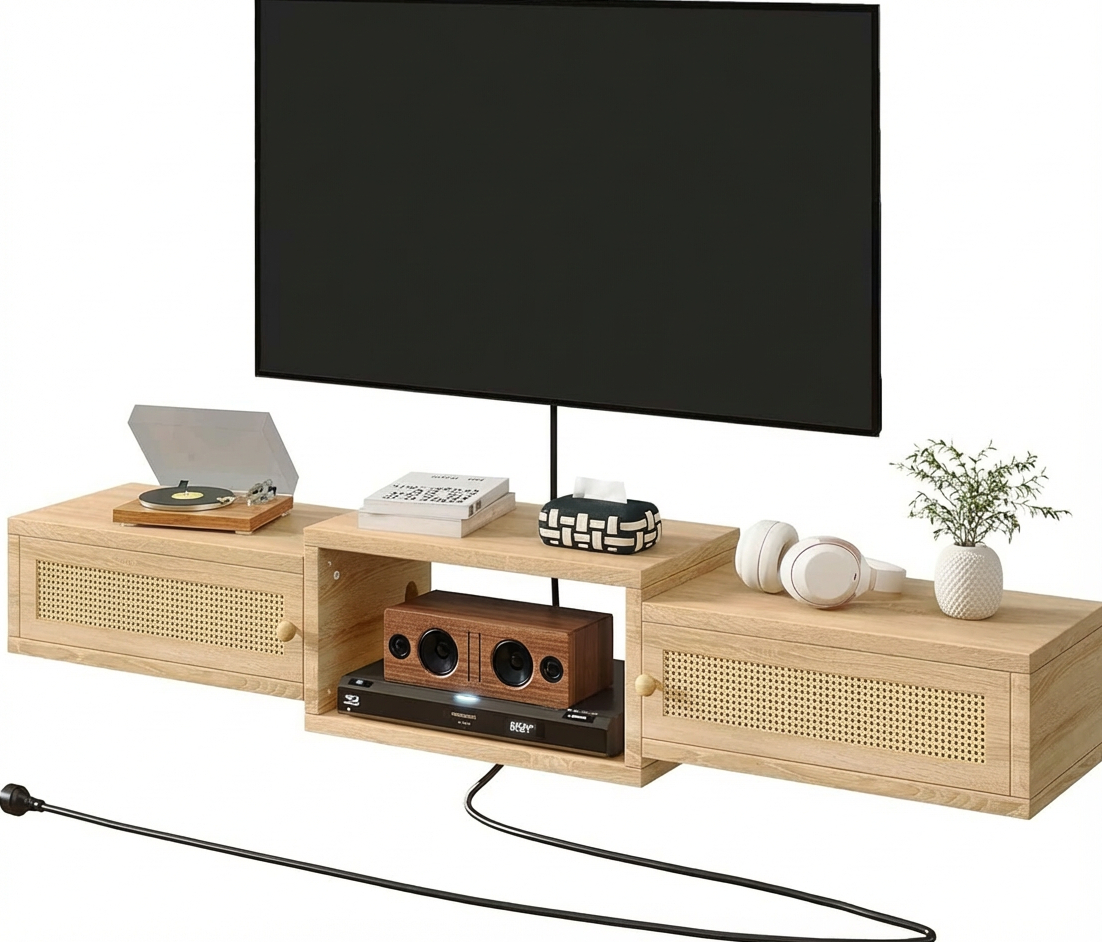 IBUYKE Modern Rattan Floating TV Stand with Doors, Wall Mounted Media Console for up to 55 Inch TVs, Under TV Storage Cabinet for Living Room Bedroom, Natural