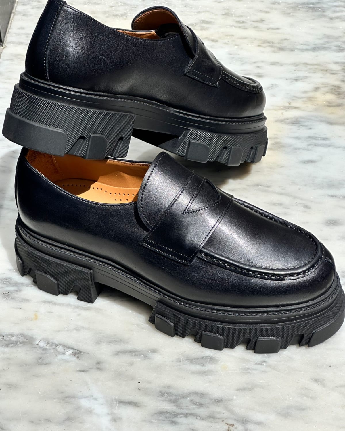 Black Leather Lug Sole Loafer