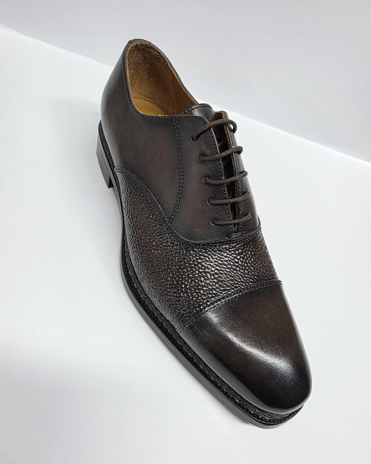 Dark Brown Cap-Toe Oxford with Textured Vamp - three-quarter