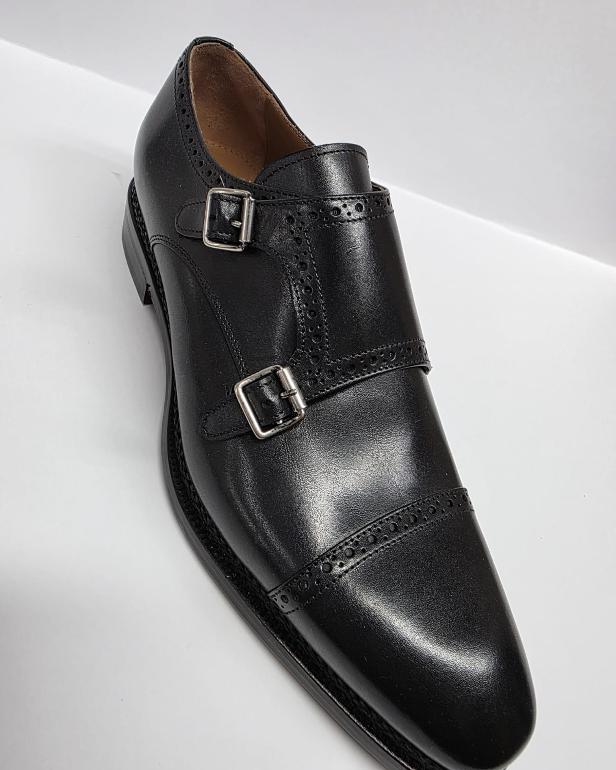 Black Leather Double Monk Strap Shoes - three-quarter