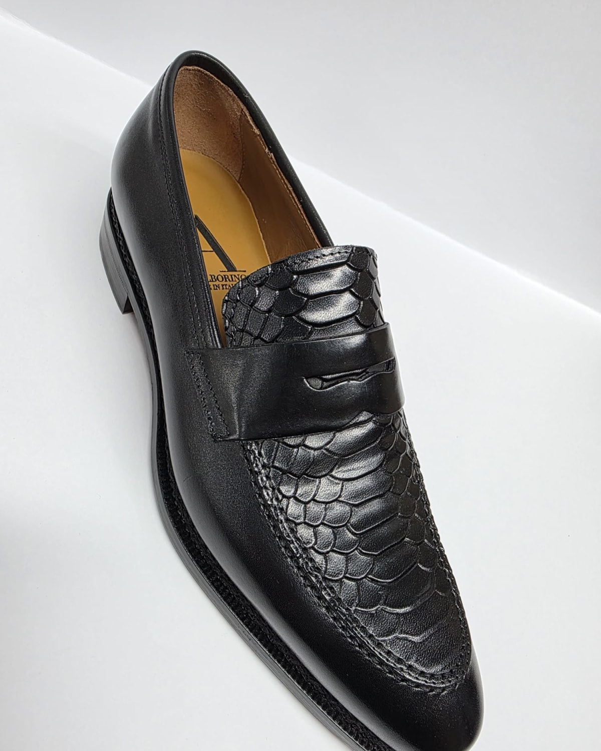 Black Penny Loafer with Embossed Vamp - three-quarter