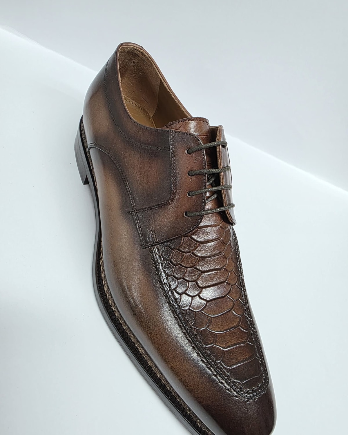 Brown Leather Oxford with Embossed Vamp - three-quarter