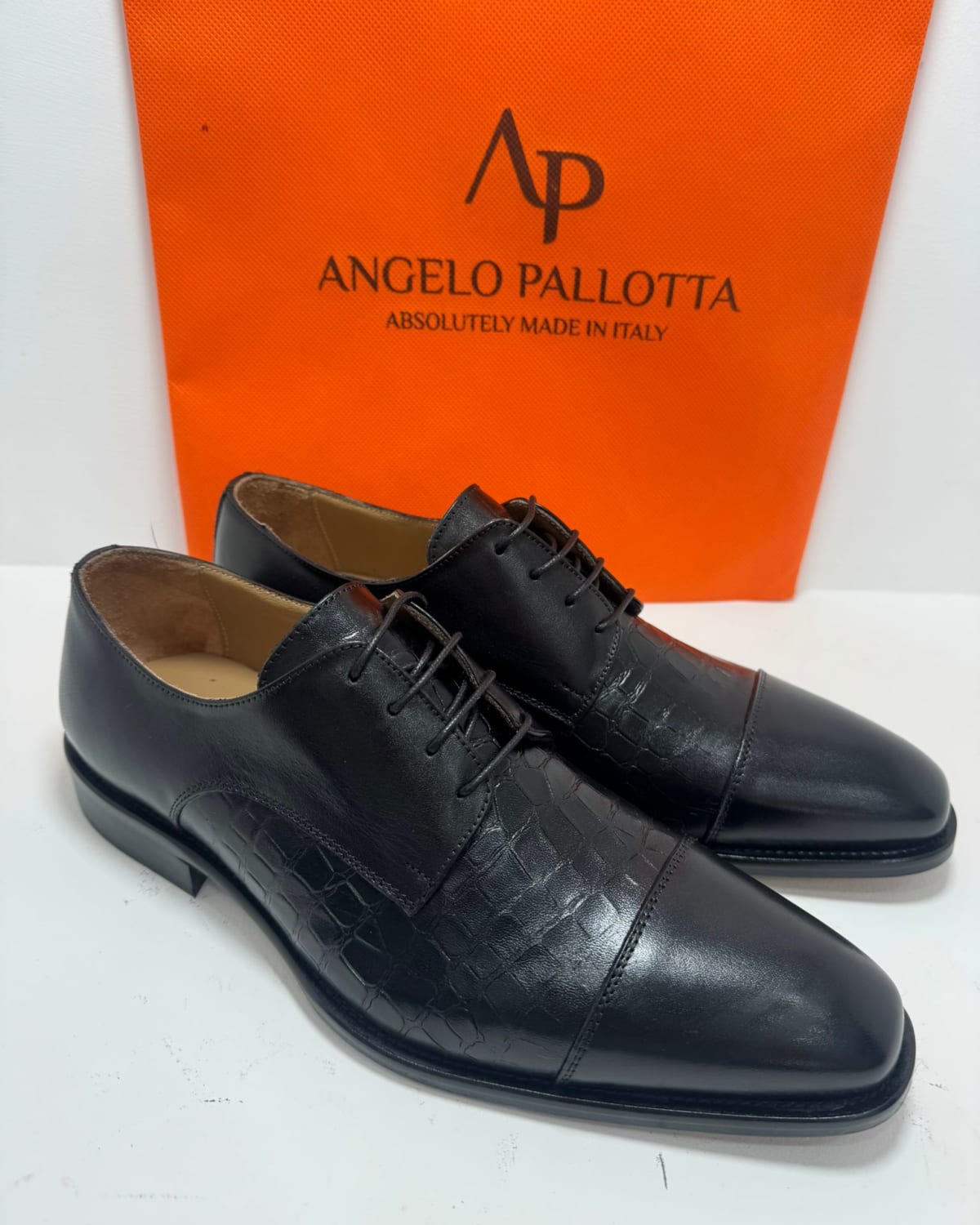 Black Cap-Toe Oxford with Crocodile Embossed Leather - three-quarter