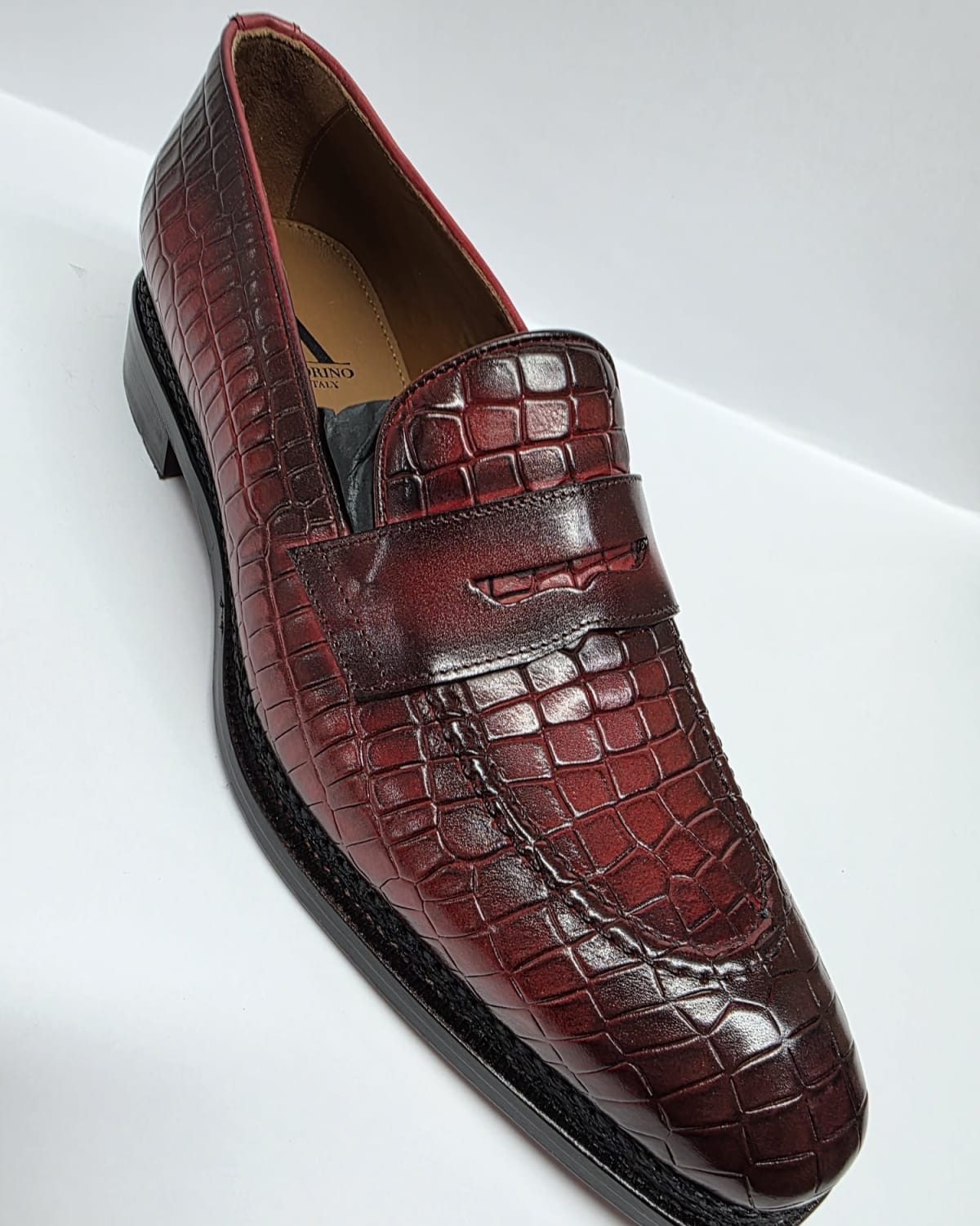 Red Crocodile Embossed Penny Loafer - three-quarter