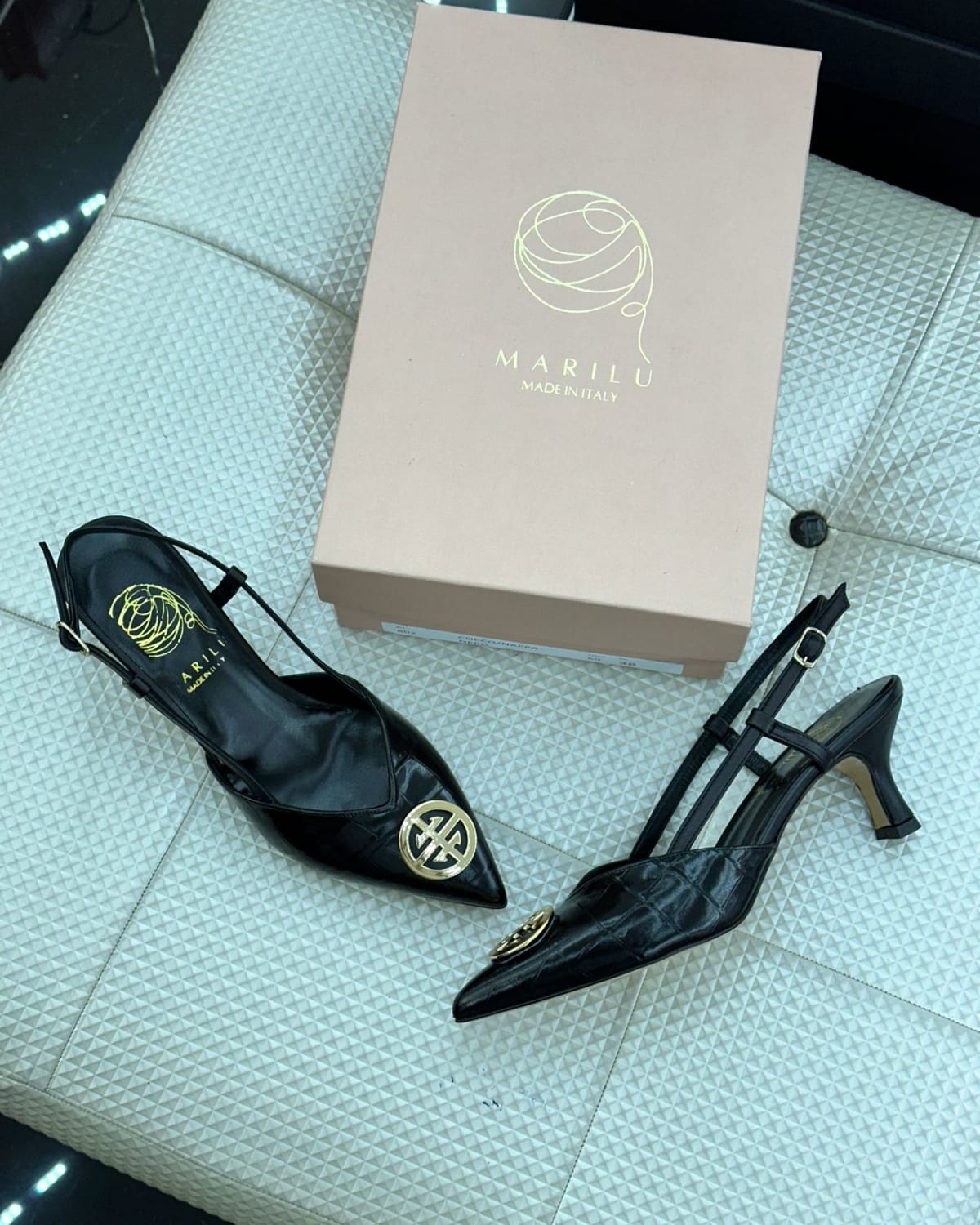 Black Slingback Pumps with Gold Logo - three-quarter