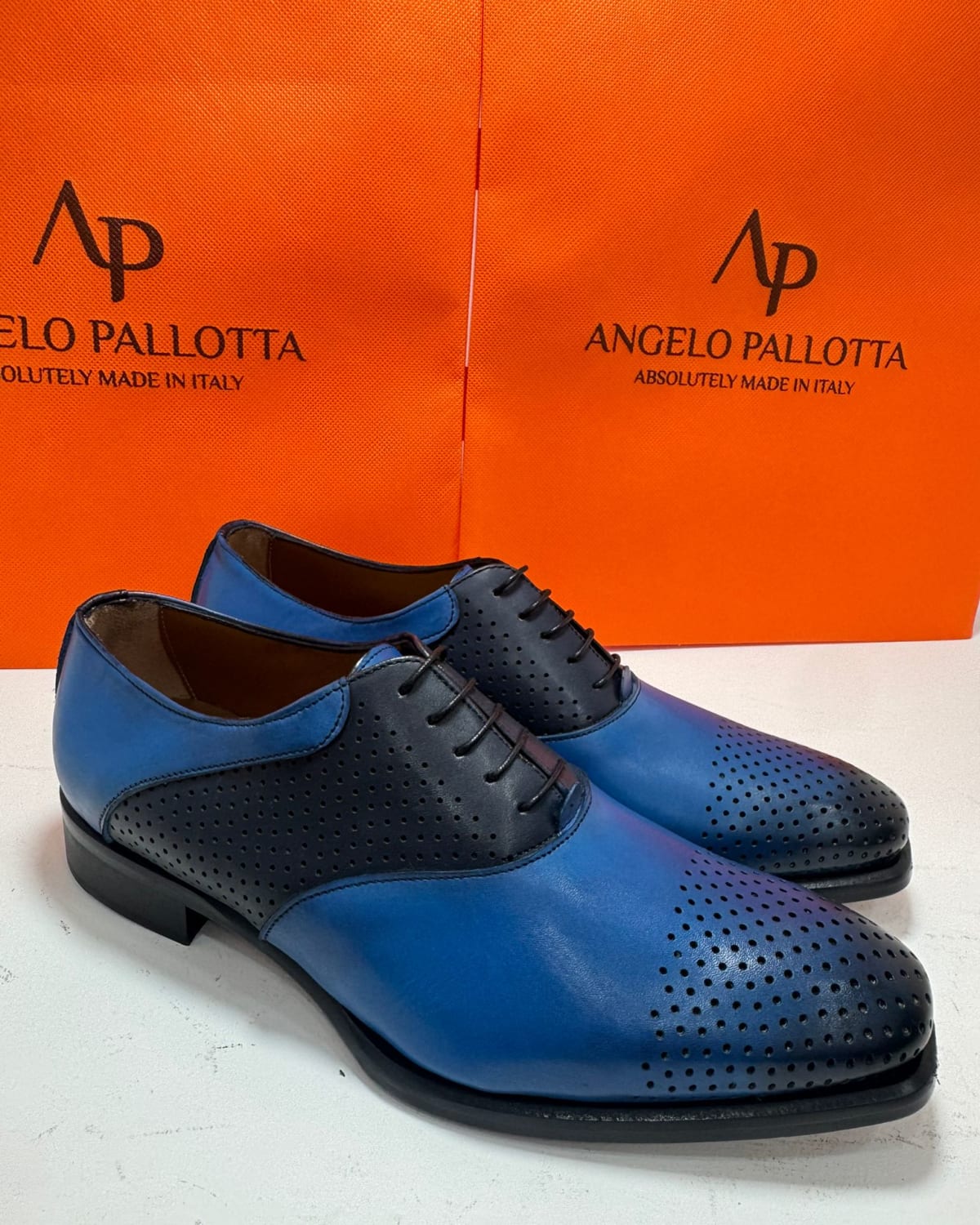 Blue and Black Perforated Leather Oxford Shoes - three-quarter