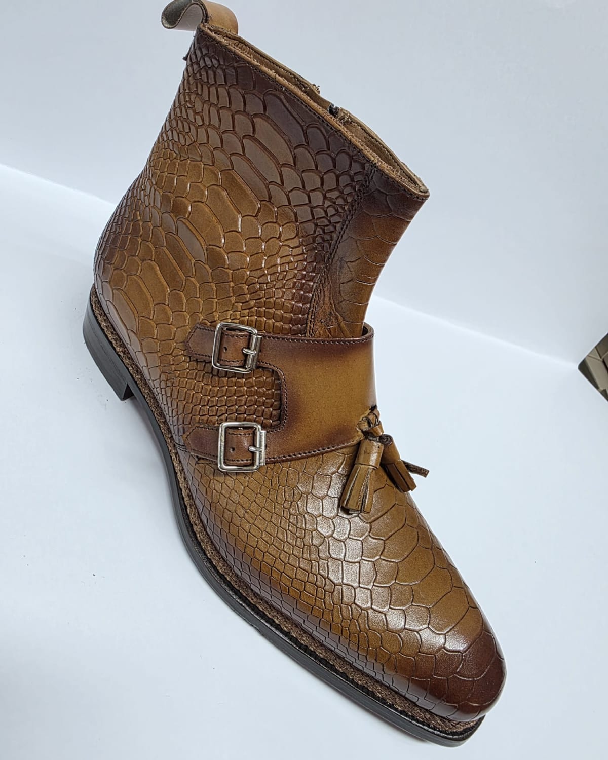 Brown Alligator Embossed Monk Strap Ankle Boot - three-quarter