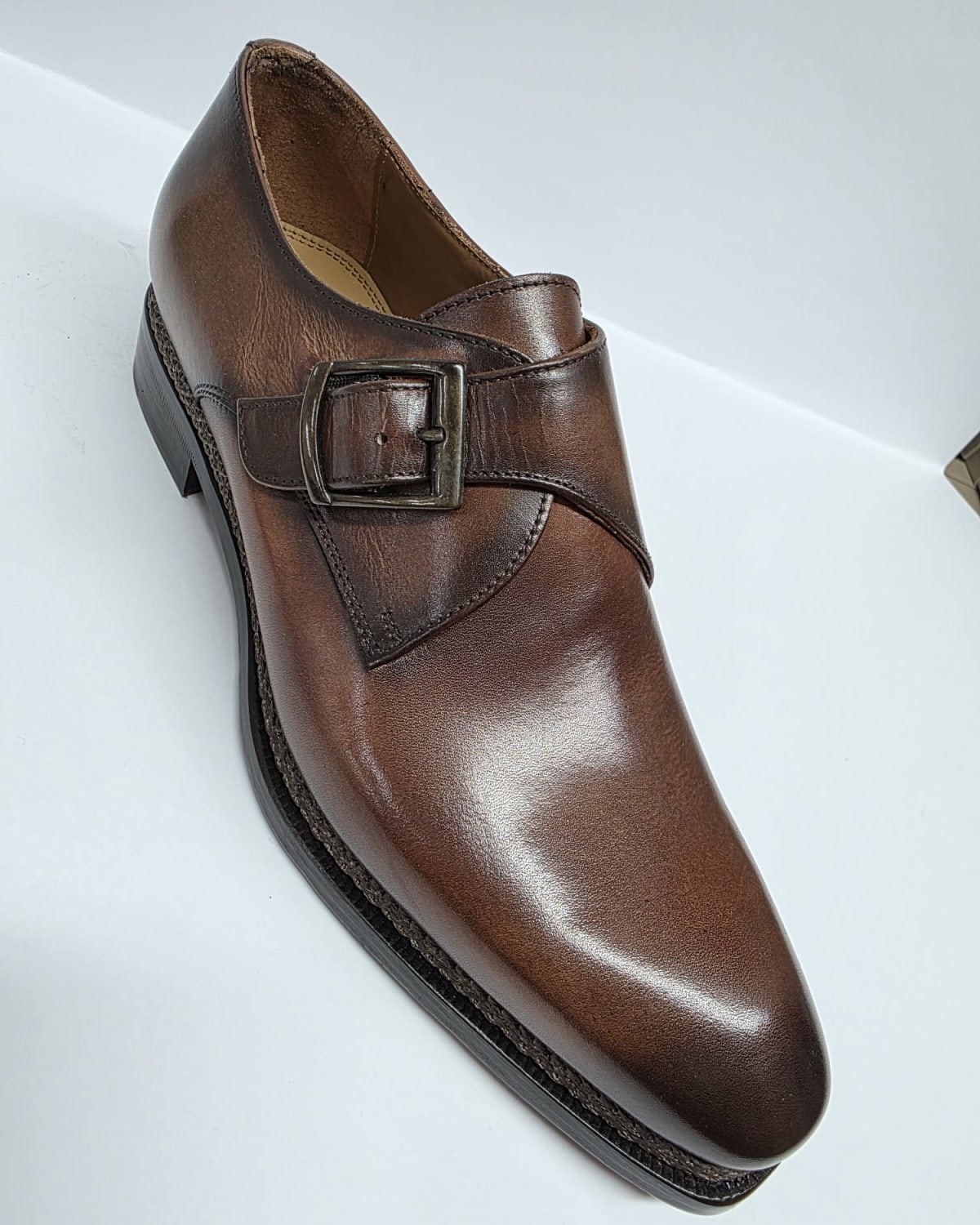 Brown Leather Single Monk Strap Shoe - three-quarter