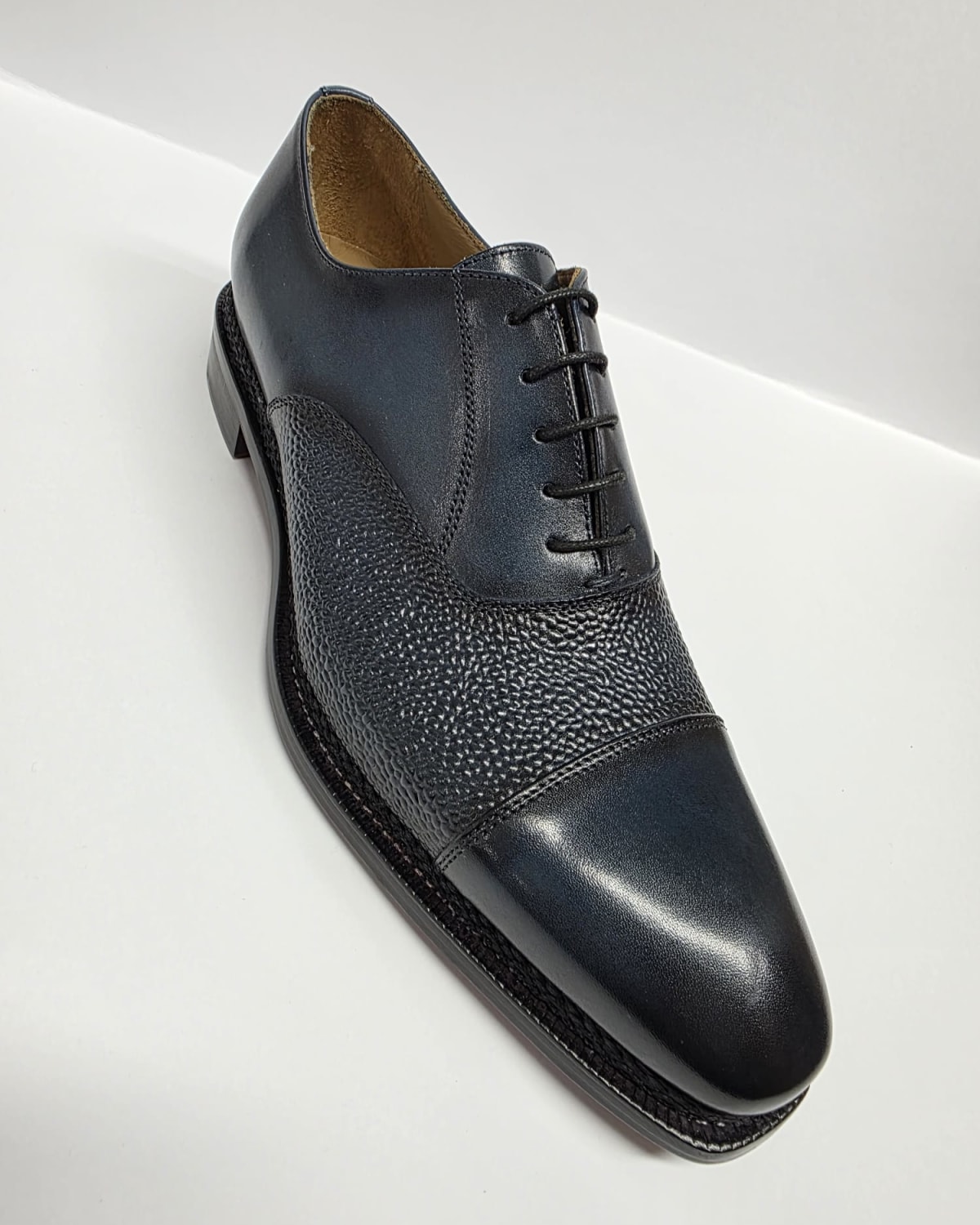 Navy Cap-Toe Oxford with Textured Mid-Panel - three-quarter