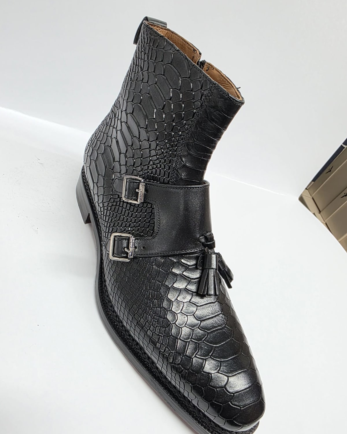 Black Alligator Embossed Double Monk Strap Boot - three-quarter