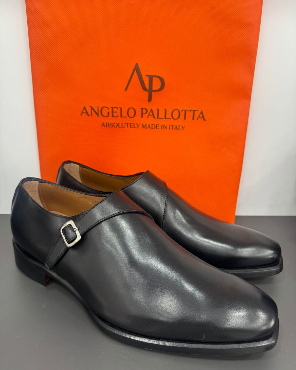 Black Leather Single Monk Strap Shoes - three-quarter