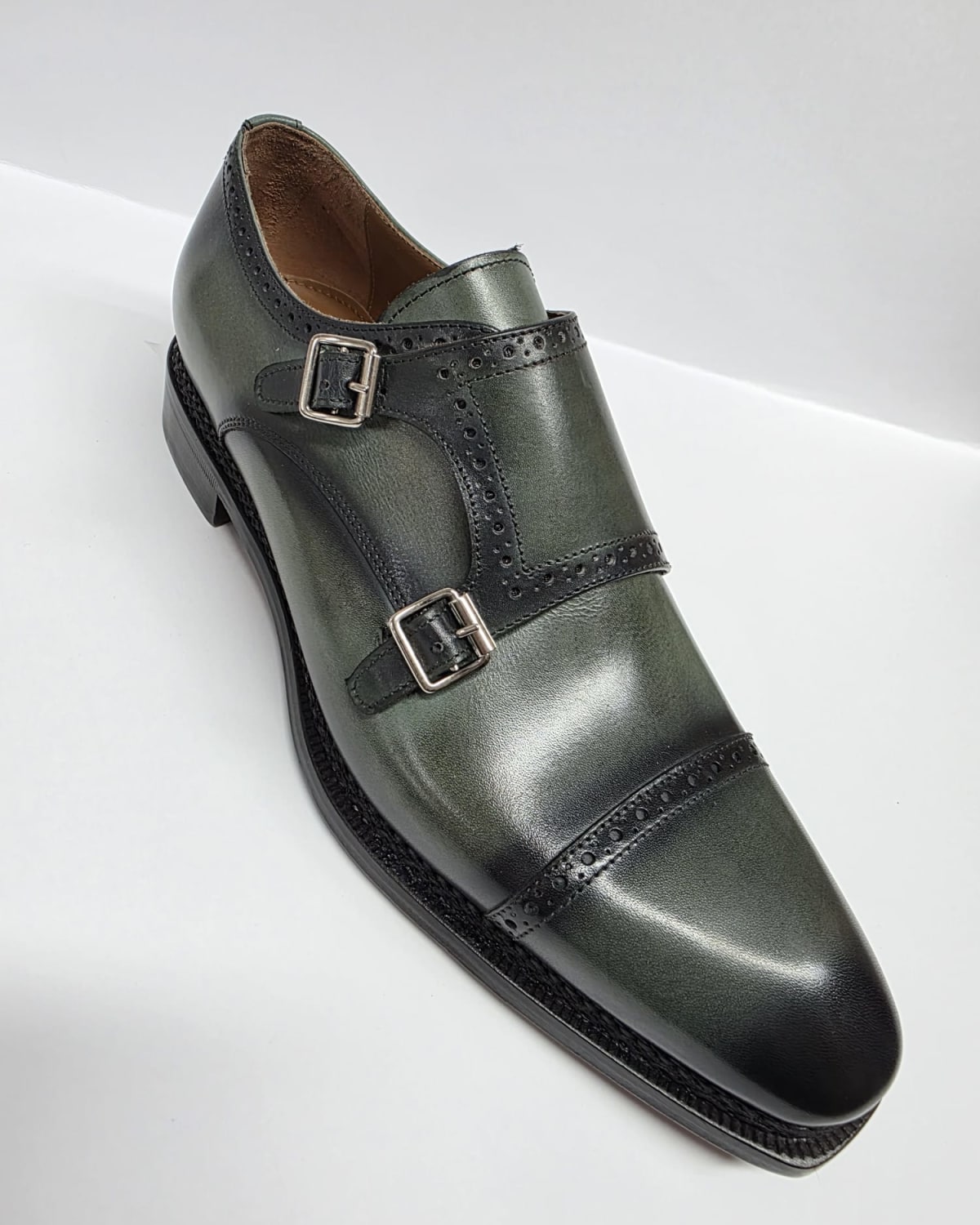 Green Double Monk Strap Brogue Shoe - three-quarter
