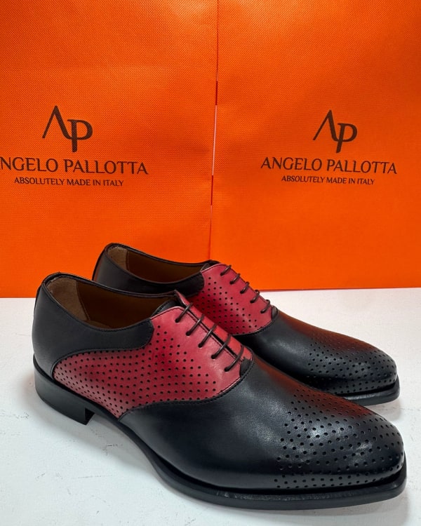 Two-Tone Black and Red Perforated Leather Oxfords