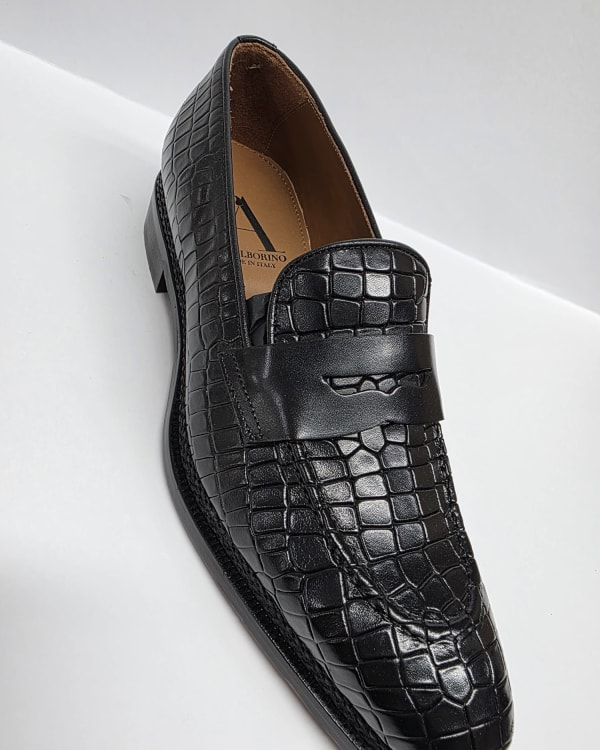 Black Croc-Embossed Penny Loafer