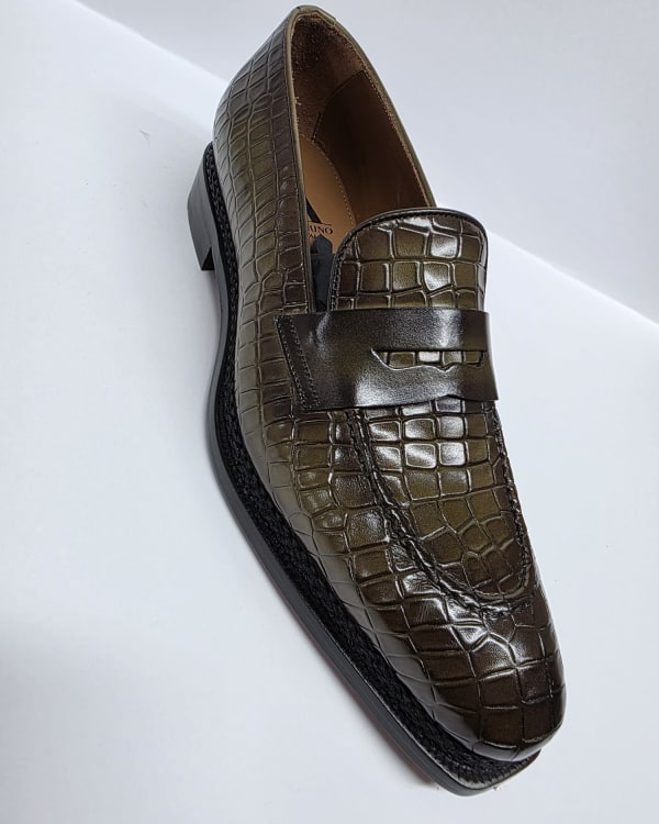 Olive Green Croc-Embossed Penny Loafer